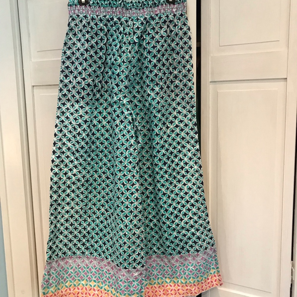 Anthropologie Wide Leg Pants Teal, Navy & Coral Geometric Print